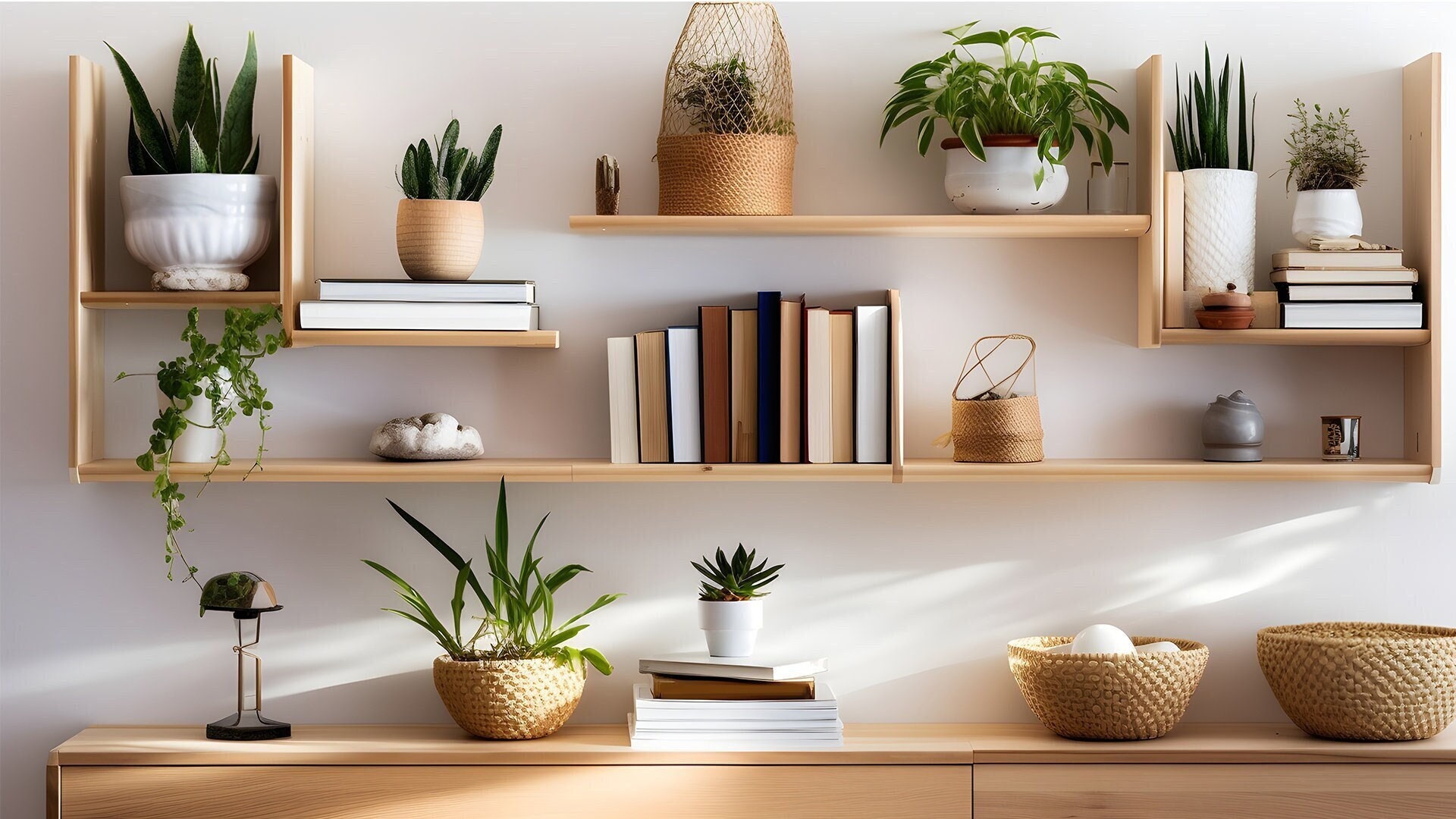 Modern Books Plant Shelf: Zoom Background Stylish Blur & No Blur