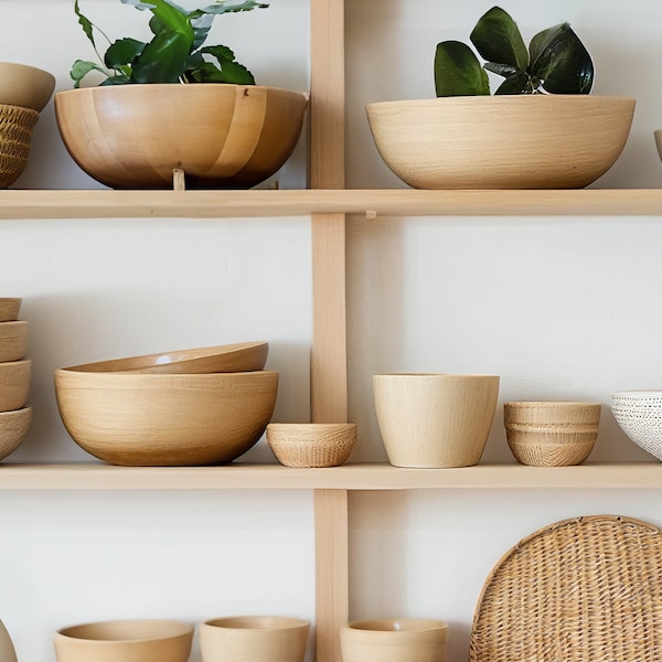 Modern Shelf with Wood Bowls Background | Light Backdrop | Clean Simple Realistic | Blur & No Blur | Office | Bookcase Background