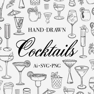 Cocktails dessinés à la main SVG, illustrations de boisson de mariage signature, cocktail de mariage PNG pour menu de boisson de mariage, dessin au trait, clipart, lot
