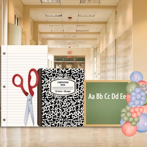 May include: A sheet of white lined paper with three holes, a pair of red scissors, a black and white speckled composition book labeled 150 sheets 300 pages, a green chalkboard with white letters Aa Bb Cc Dd Ee, and a cluster of pastel balloons.