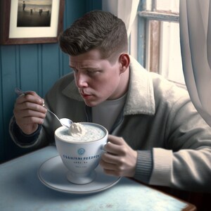 Puede incluir: Un hombre con una chaqueta gris está sentado en una mesa y bebiendo de una taza de cerámica blanca con letras azules que dicen "Osmaniini Peedpca Kaffi & Te". La taza está sobre un platillo blanco y el hombre sostiene una cuchara de plata en su mano derecha.