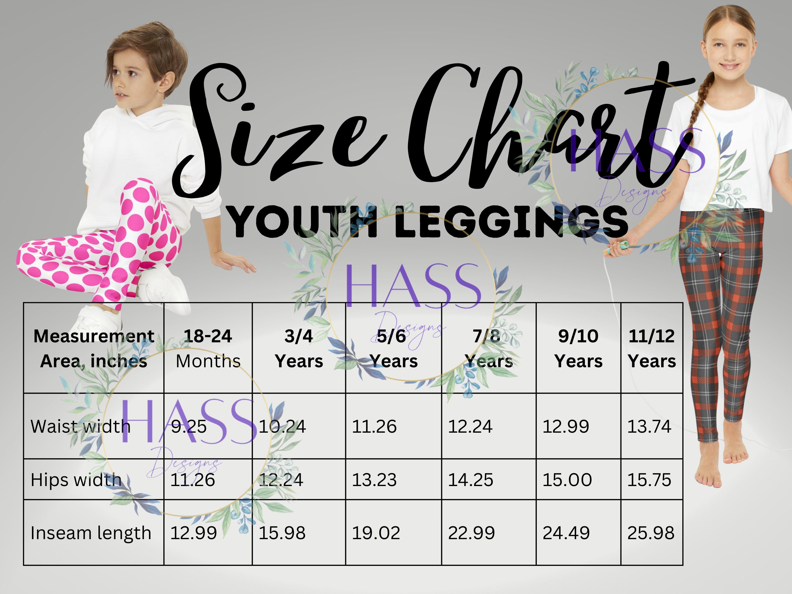 Digital download, Children's Leggings Size Chart, Printify Size Chart for  Youth Leggings, Youth Lggings Size Charts, Kids size charts