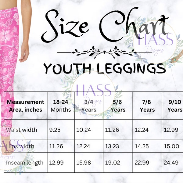 Téléchargement numérique Printify Youth Legging tableau des tailles, tableau des tailles pour les leggings pour enfants, tailles de leggings pour filles, tableau des tailles pour les leggings pour enfants