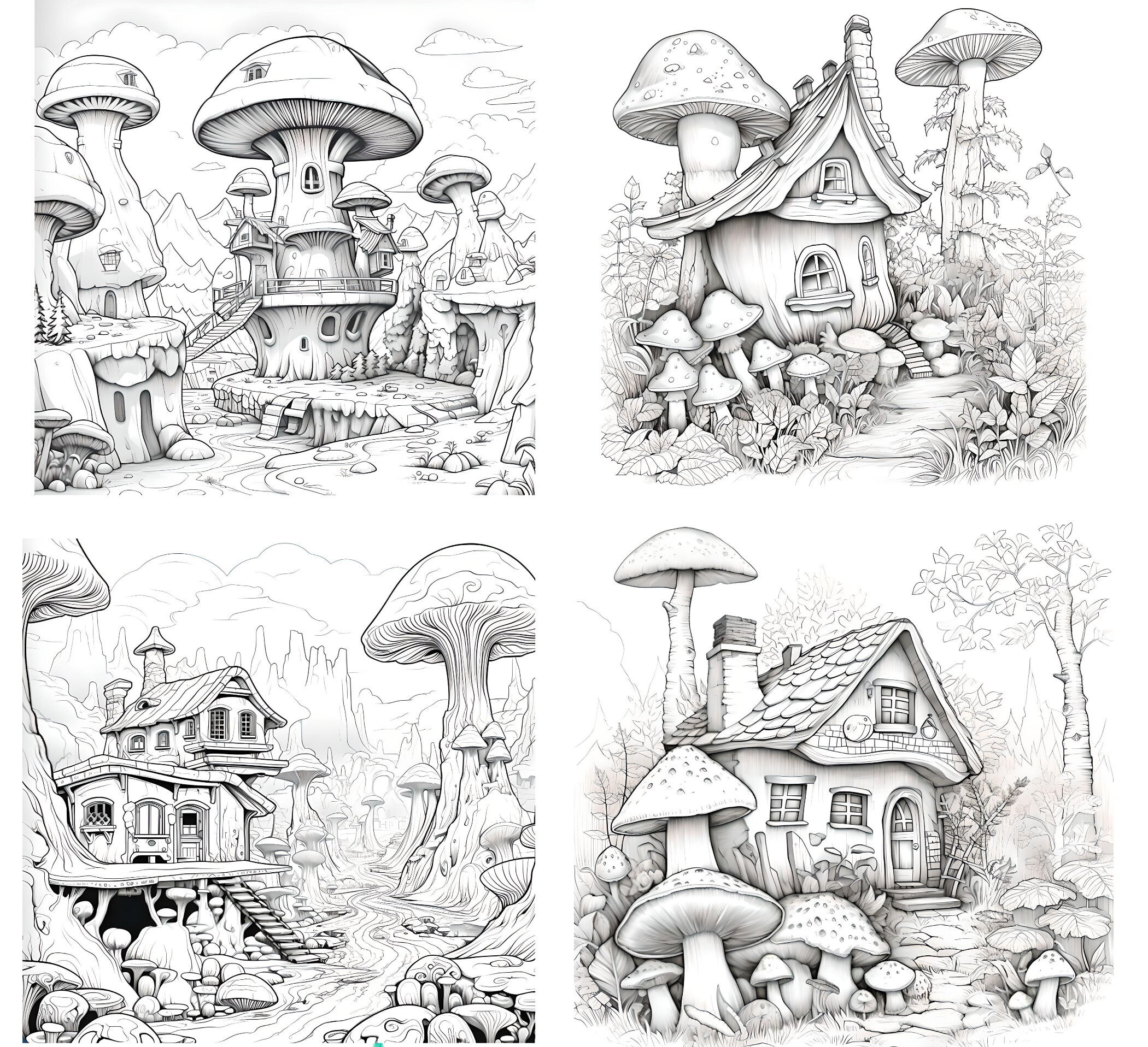 20 Mushroom Houses | Adult + Kid's Coloring Pages | Fantasy Coloring ...