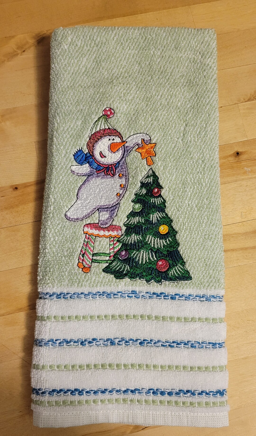 Embroidered Sage Cotton Hand Towels, Kitchen Towel, Snowman, Christmas