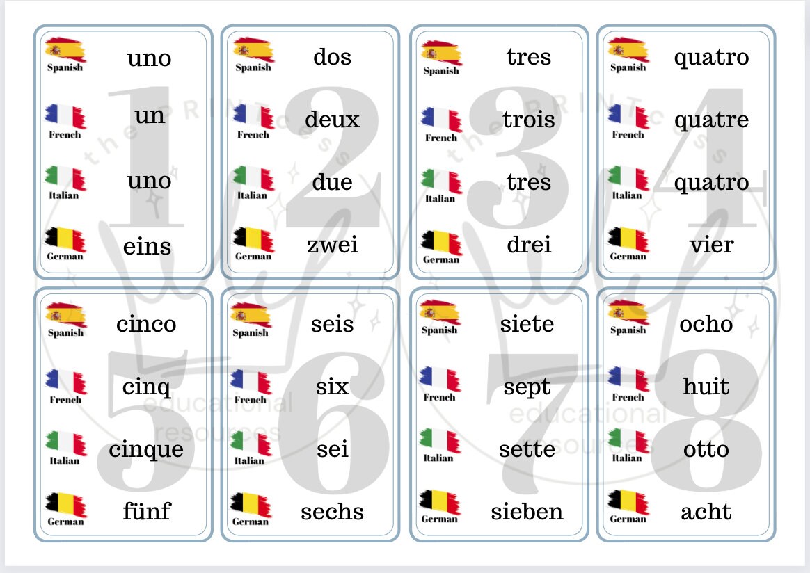 Printable language learning flashcards european languages colors and