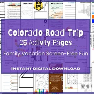 Puede incluir: Una descarga digital titulada "Colorado Road Trip" con 25 páginas de actividades. La imagen presenta varias hojas de actividades, incluyendo un crucigrama, un mapa y un juego de bingo, diseñadas para la diversión familiar sin pantalla durante un viaje.