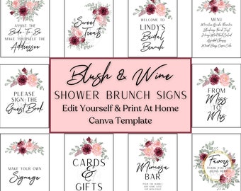 May include: Printable bridal shower brunch signs with blush pink and burgundy floral designs. The signs include text such as "Assist the Bride-to-Be", "Sweet Treats", "Welcome to Lindy's Bridal Brunch", "Please Sign the Guest Book", "Make Your Own Signage", "Cards & Gifts", "Mimosa Bar", "Favors", and "From Miss to Mrs".