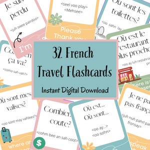 Cartões de viagem franceses 32 frases comuns, cartões de dicas de idiomas, pronúncias de flashcards franceses, arquivo digital para impressão, download instantâneo de Paris
