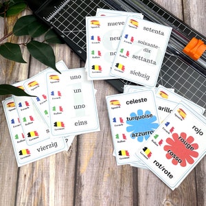 Afdrukbare Flashcards voor het leren van talen, kleuren en cijfers van Europese talen, digitaal bestand, thuis afdrukken, Frans Spaans Italiaans Duits