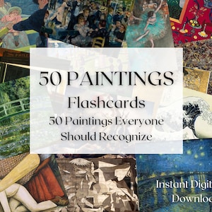 Tarjetas didácticas de pinturas famosas, 50 pinturas que todos deberían conocer, descarga digital, tarjetas didácticas de historia del arte para la educación en casa, juego de 50 ayudas de estudio