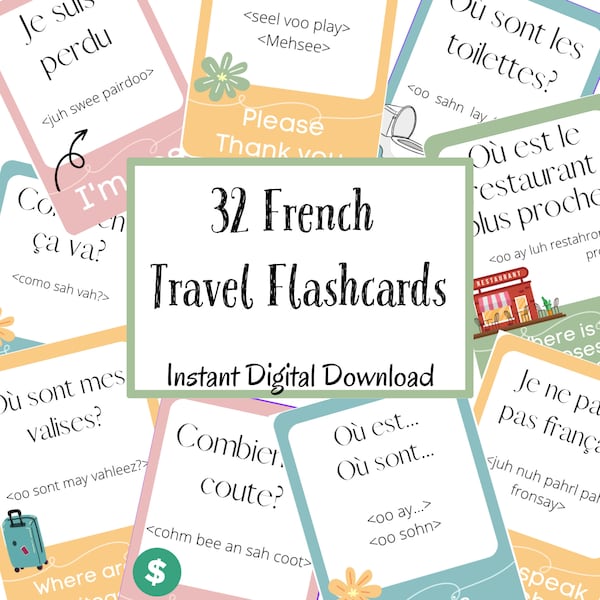 French Travel Cards 32 Common Phrases, Language Cheat Cards, French Flashcards Pronunciations, Printable Digital File Instant Download PDF