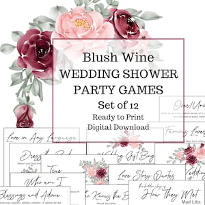 Blush Pink Borgoña Vino Rosas Boda Juegos imprimibles, Imprimir en casa Juegos de ducha para boda o despedida de soltera, Hoja de juego de anfitriona fácil BUR