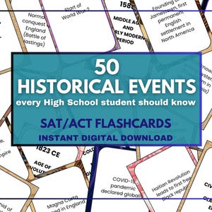 Historical Events Flashcards, 50 History Dates Everyone Should Know, Digital Download, World History Study Prep for ACT, SAT Testing 50 set