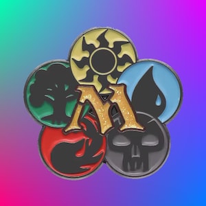 May include: A pin featuring the five mana symbols from Magic: The Gathering. The pin has a gold "M" in the center, surrounded by circular emblems in yellow, green, red, blue, and black. The background is a gradient of purple, blue, and green.