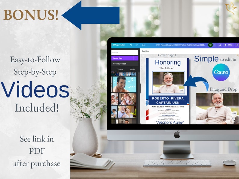 Bonus video how-to-use Canva included with Navy funeral program.