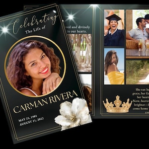 May include: A memorial card featuring a photo of Carman Rivera, framed in gold, with the text "Celebrating The Life of" and dates. The card includes additional photos and a golden crown.