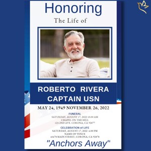 Navy-themed funeral program front cover with framed portrait, U.S. flag accents, deep navy borders, and patriotic layout titled ‘Anchors Aweigh.
