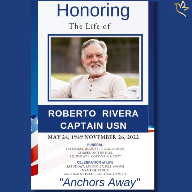 Navy-themed funeral program front cover with framed portrait, U.S. flag accents, deep navy borders, and patriotic layout titled ‘Anchors Aweigh.
