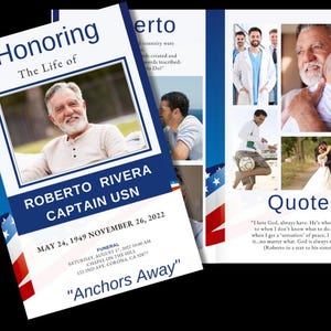 Front cover shown beside Navy-themed interior pages with photo collage, patriotic borders, and red-white-blue accents.