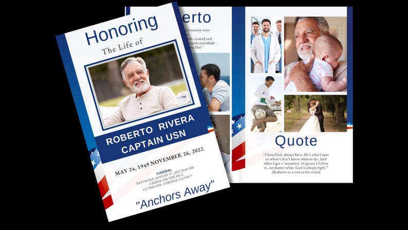 Front cover shown beside Navy-themed interior pages with photo collage, patriotic borders, and red-white-blue accents.