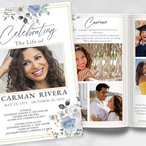 Blue Flower Theme, Funeral Memorial Program, Obituary Template, Order of Service, Funeral for Woman