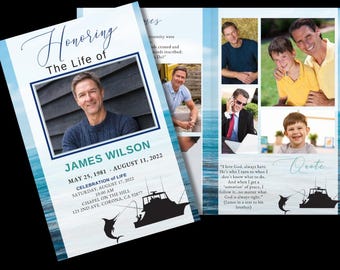 Deep Sea Fishing Funeral Program Template for Men | Editable Canva (Instant Download)