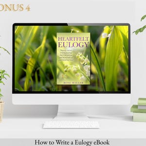 Downloadable How-to Eulogy guide displayed on desktop monitor with peaceful green background.