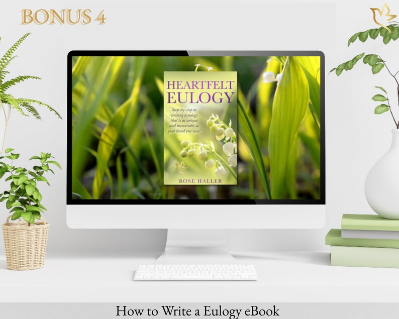Downloadable How-to Eulogy guide displayed on desktop monitor with peaceful green background.