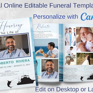 Deep Sea Fishing Theme, Funeral Memorial Program, Obituary Template, Order of Service, Funeral for Man or Woman