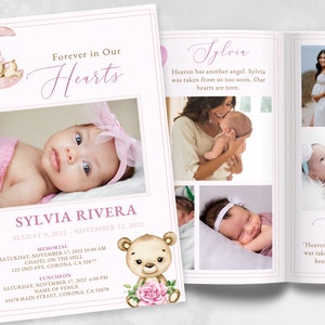 Sweet Pink Teddy Bear Theme, Funeral Memorial Program, Obituary Template, Order of Service, Funeral for Baby or Child