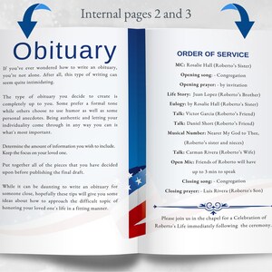 Obituary page and Order of Service layout in matching Navy patriotic design