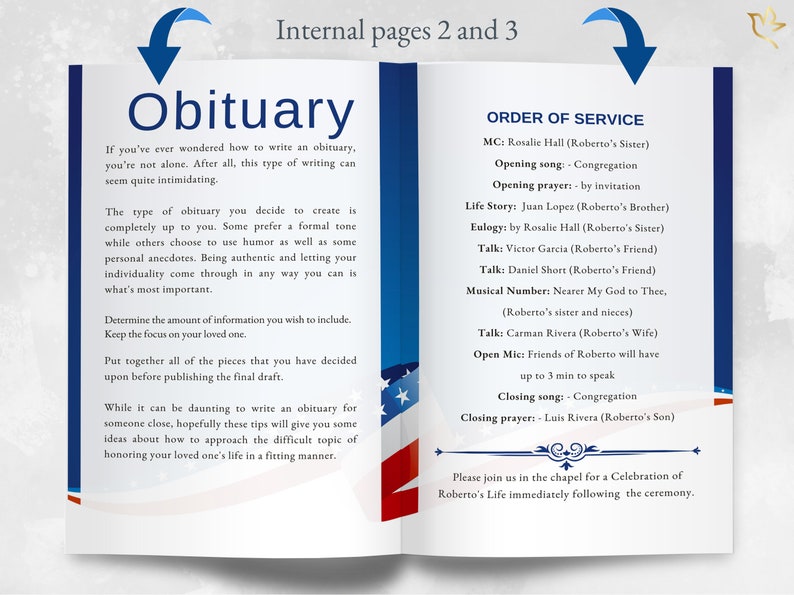 Obituary page and Order of Service layout in matching Navy patriotic design