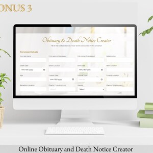 Online obituary creator shown on desktop computer as included bonus item.
