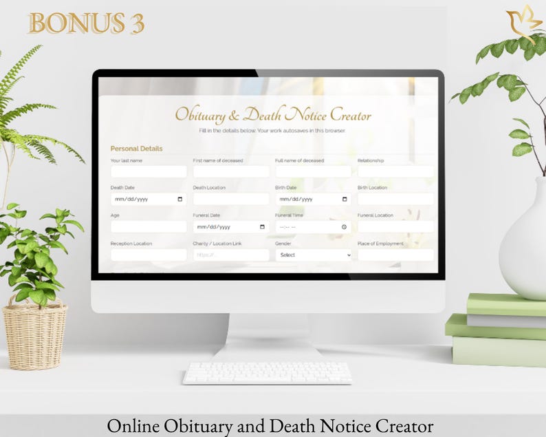 Online obituary creator shown on desktop computer as included bonus item.