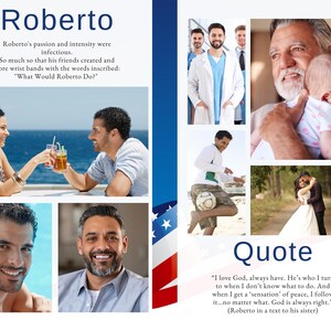 Inside photo collage and loving tributes for Navy funeral template with patriotic accents.