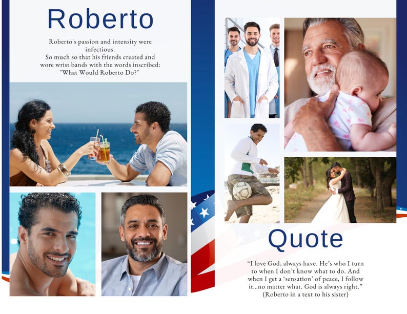 Inside photo collage and loving tributes for Navy funeral template with patriotic accents.