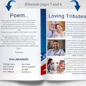 Two-page spread featuring poem, life stories, and photo collage in Navy red-white-blue theme.