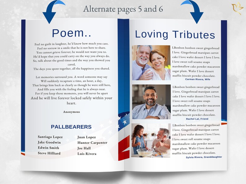 Two-page spread featuring poem, life stories, and photo collage in Navy red-white-blue theme.