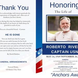 Thank-you message page beside Navy-themed front cover with photo, patriotic borders, and red-white-blue accents.