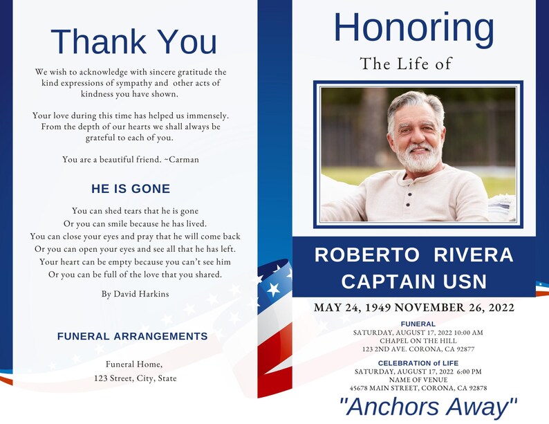 Thank-you message page beside Navy-themed front cover with photo, patriotic borders, and red-white-blue accents.