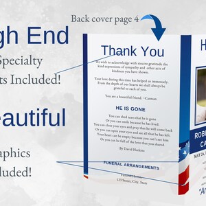 Outside cover of Navy-inspired funeral program showing featured high end fonts and beautiful graphics — in a bold, and subtle patriotic layout.