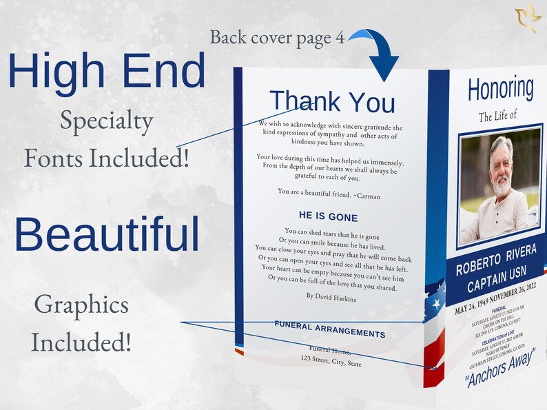 Outside cover of Navy-inspired funeral program showing featured high end fonts and beautiful graphics — in a bold, and subtle patriotic layout.