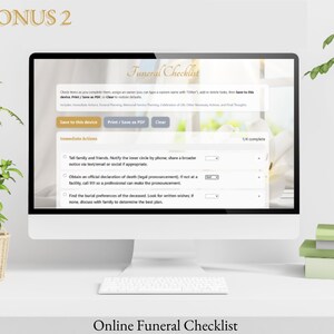 Online funeral planning checklist displayed on desktop screen, included as a bonus.