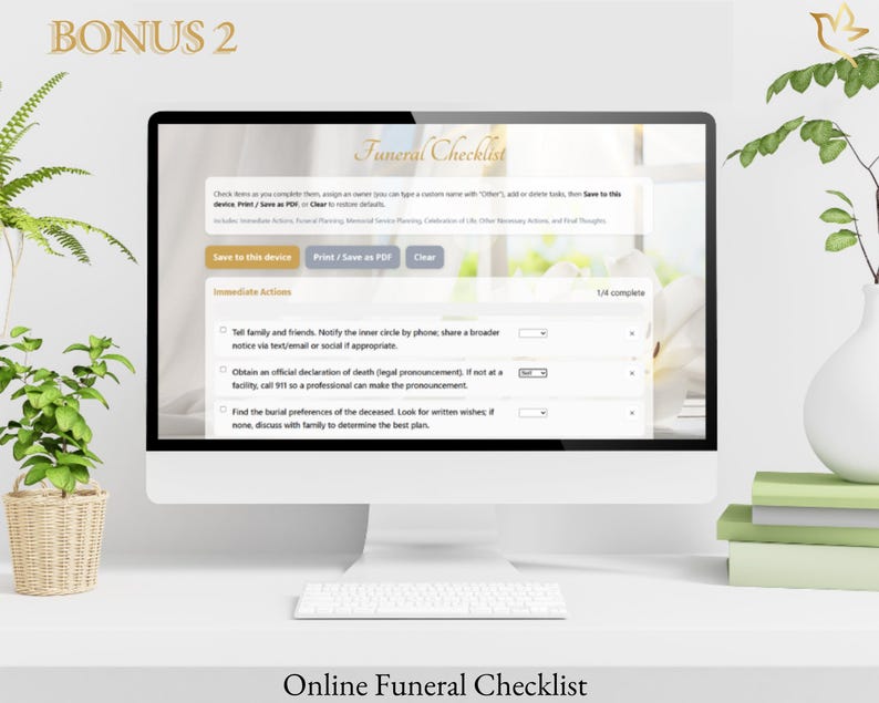 Online funeral planning checklist displayed on desktop screen, included as a bonus.