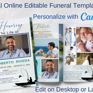 Lake Fishing Theme, Funeral Memorial Program, Obituary Template, Order of Service, Funeral for Man or Woman