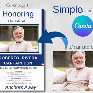 Before-and-after Canva editing example showing how to replace photos with drag and drop in the Navy funeral program.