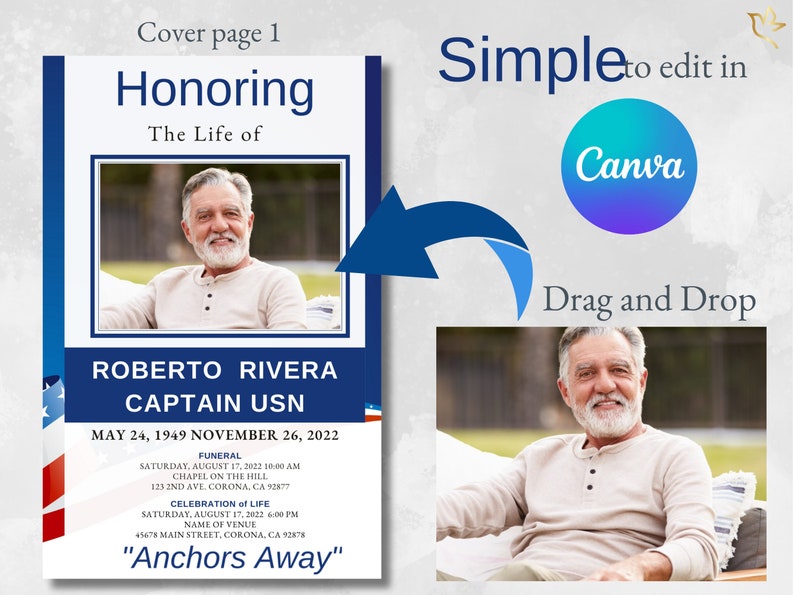 Before-and-after Canva editing example showing how to replace photos with drag and drop in the Navy funeral program.