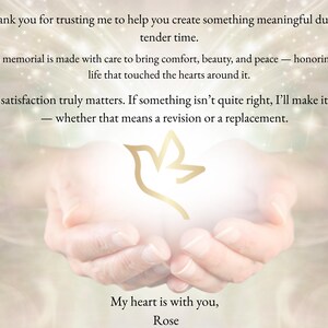 Soft memorial graphic with open hands holding golden dove symbol, used for reflection and thank you.