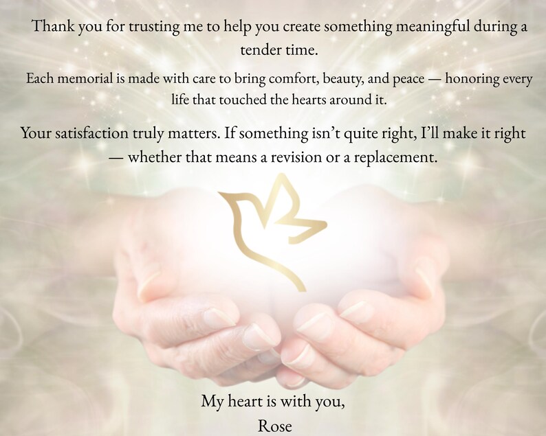 Soft memorial graphic with open hands holding golden dove symbol, used for reflection and thank you.